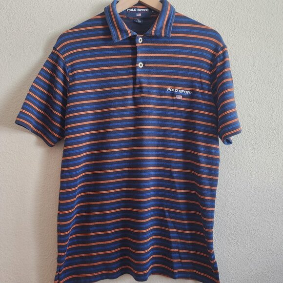 Polo Sport Ralph Lauren Polo Shirt Mens Small Navy Blue Orange Striped Flag - Picture 1 of 10
